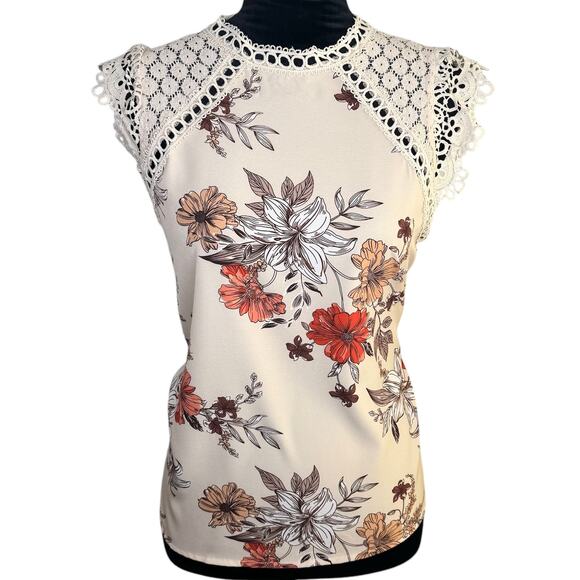 NEW SHEIN Cream Floral Crochet Lace Raglan Sleeve Tank Top size 6 Medium - Picture 2 of 6